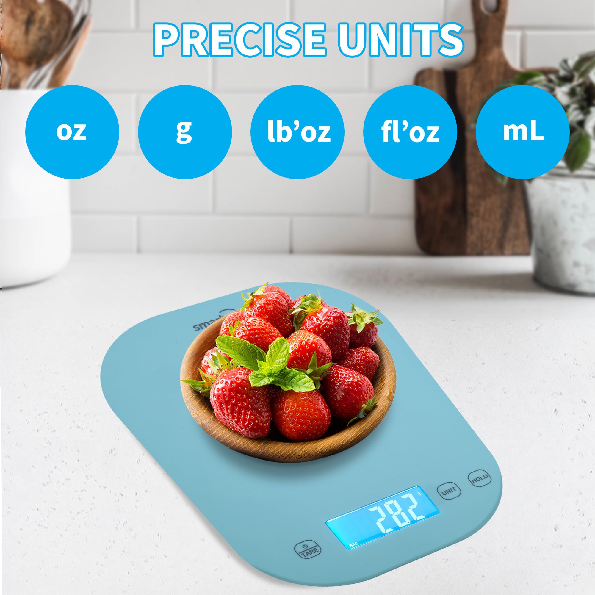 Smart Weigh interfaz simple para convertir entre gramos, onzas y mililitros