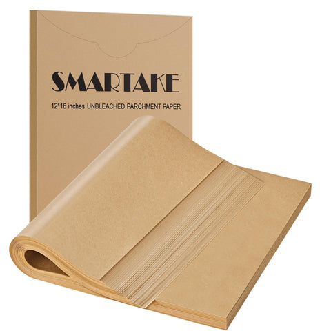SMARTAKE papel pergamino precortado en caja rectangular, práctico para hornear sin pegar.