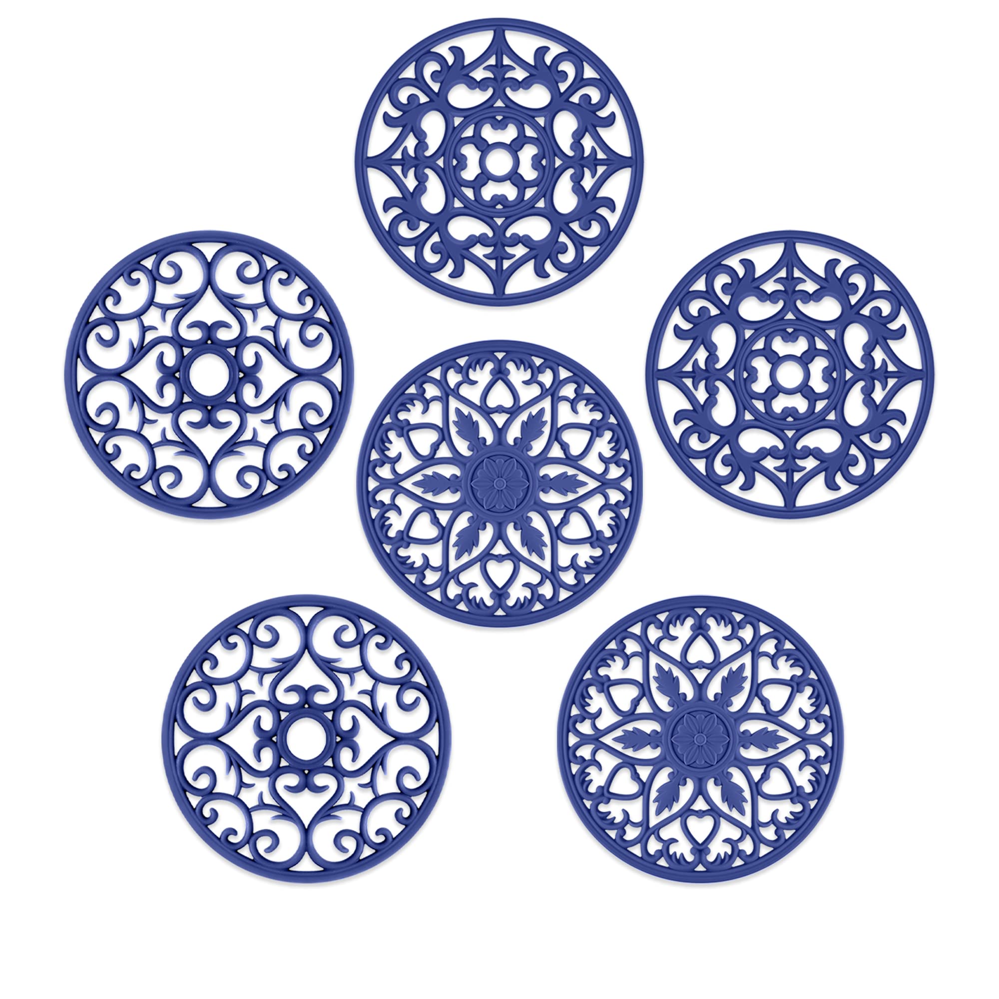Tapetes de silicona SMARTAKE de seis piezas en azul marino para uso diario.