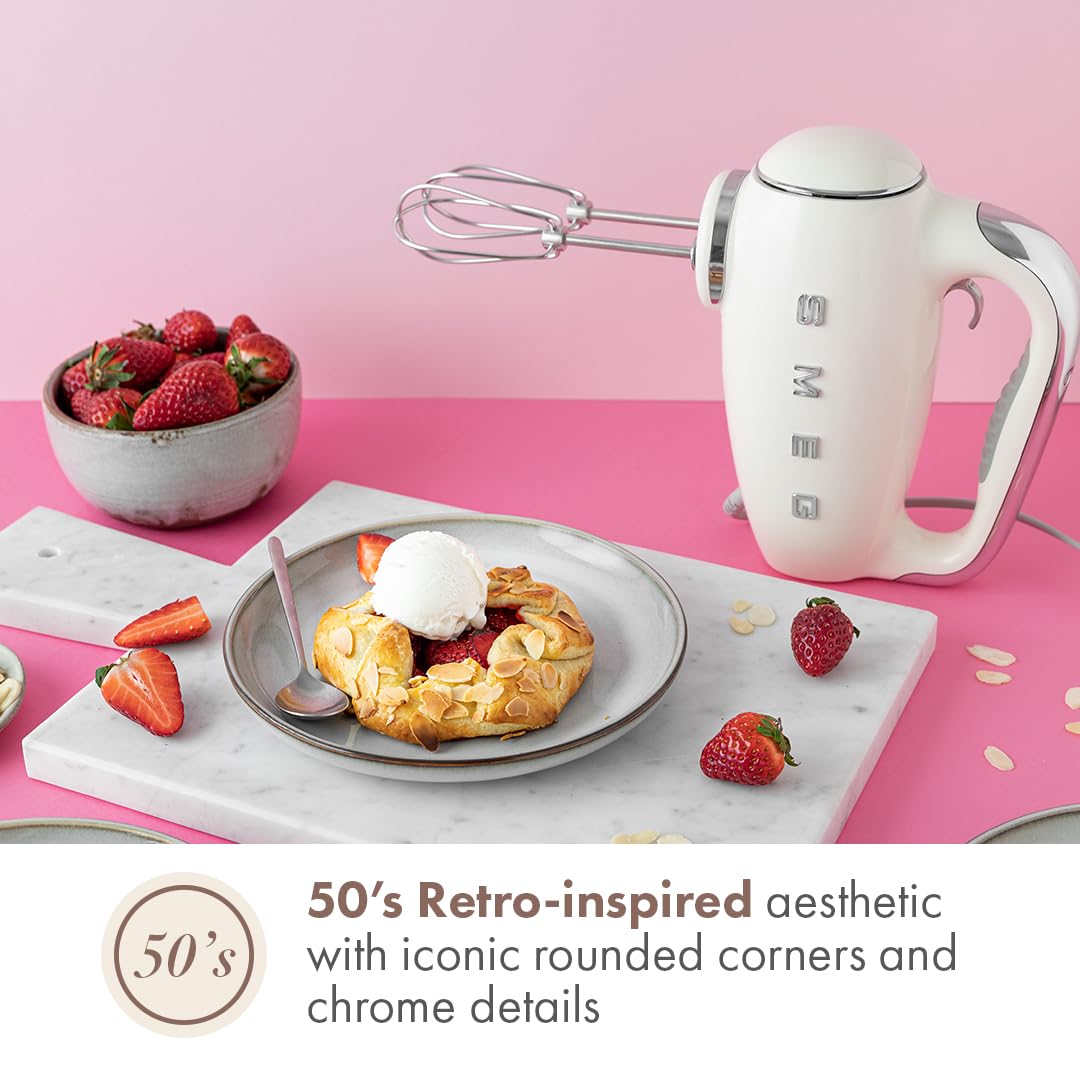 Smeg batidora de mano, pantalla luminosa, control preciso para recetas con tiempo y velocidad.