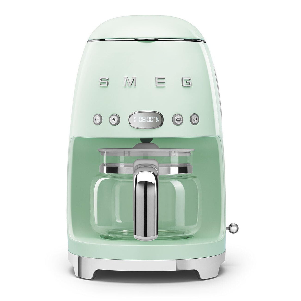 Cafetera Smeg 50s verde pastel, vista frontal, diseño atractivo para la cocina.