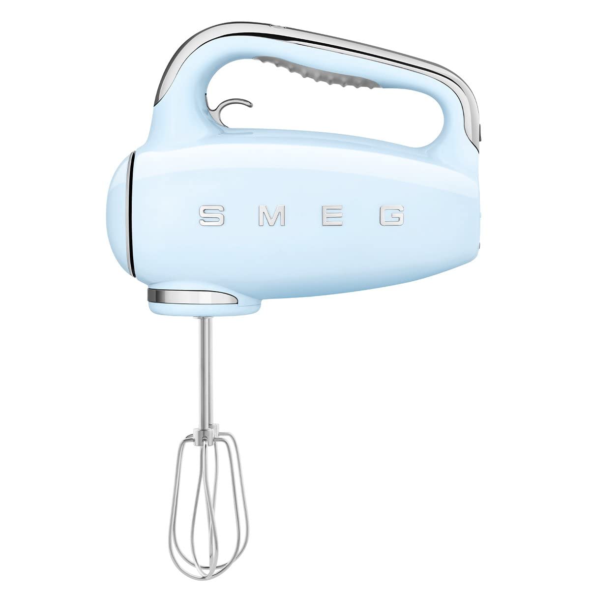 Smeg batidora de mano azul pastel frente, diseño retro y ergonomía