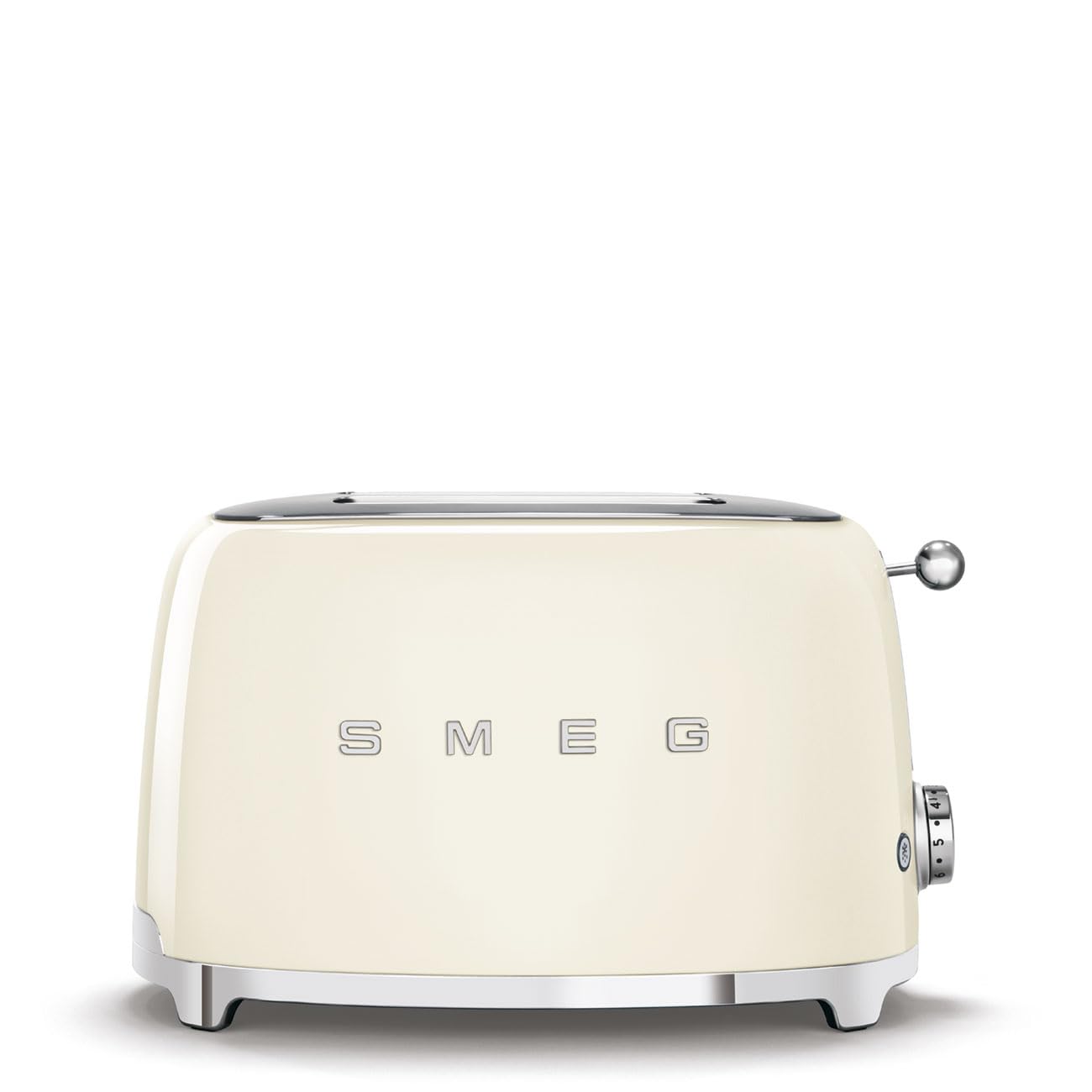 Tostadora SMEG 2 rebanadas crema, vista frontal que realza la encimera