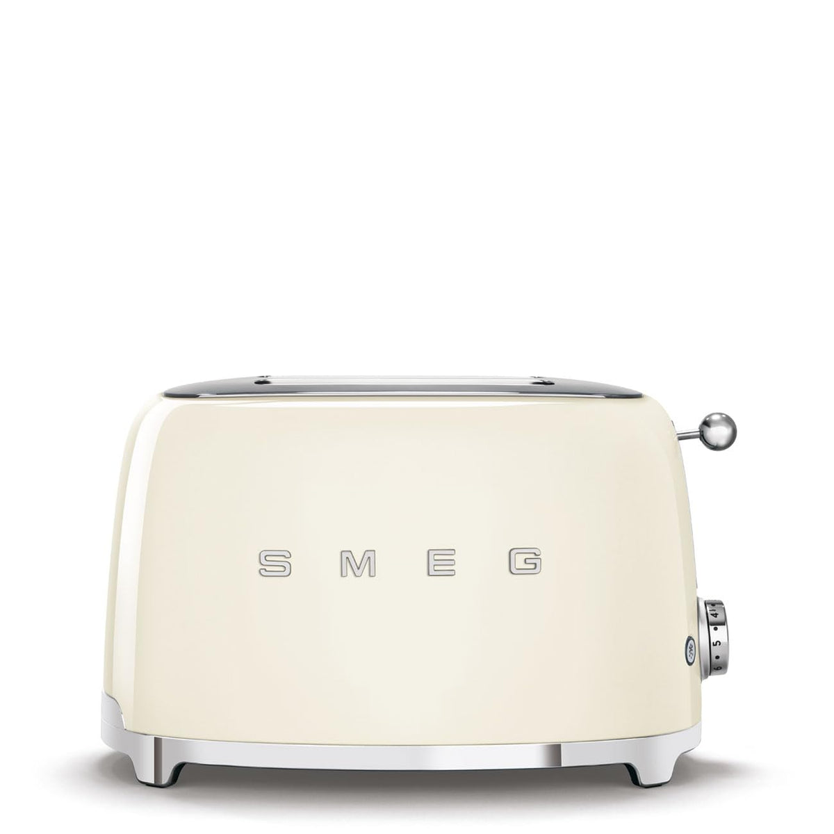Tostadora SMEG 2 rebanadas crema, vista frontal que realza la encimera