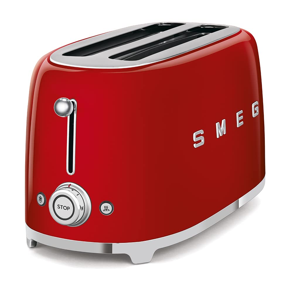 Tostadora Smeg 50s Style en rojo, frontal elegante para desayunos rápidos.