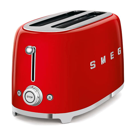 Tostadora Smeg 50s Style en rojo, frontal elegante para desayunos rápidos.