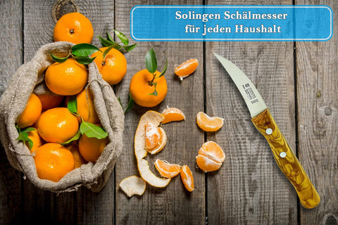 Cuchillo pelador SMI Solingen con mango ergonómico de olivo para un agarre cómodo.