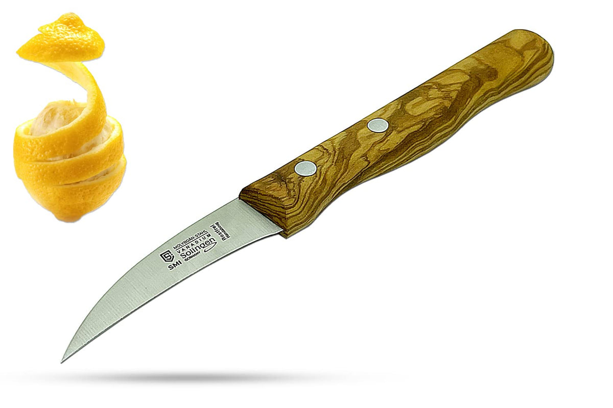 Cuchillo pelador SMI Solingen con pico de ave y mango de olivo para pelar con precisión.