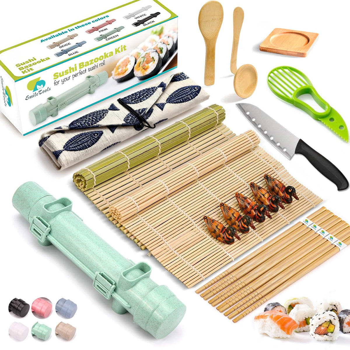 SmileTools kit sushi 22 en 1 con rodillo de sushi, ideal para principiantes en casa.