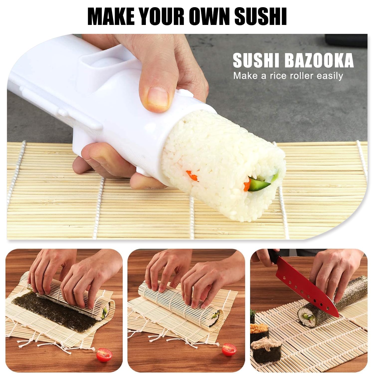 SmileTools sushi bazooka para rellenar y compactar arroz rápidamente.