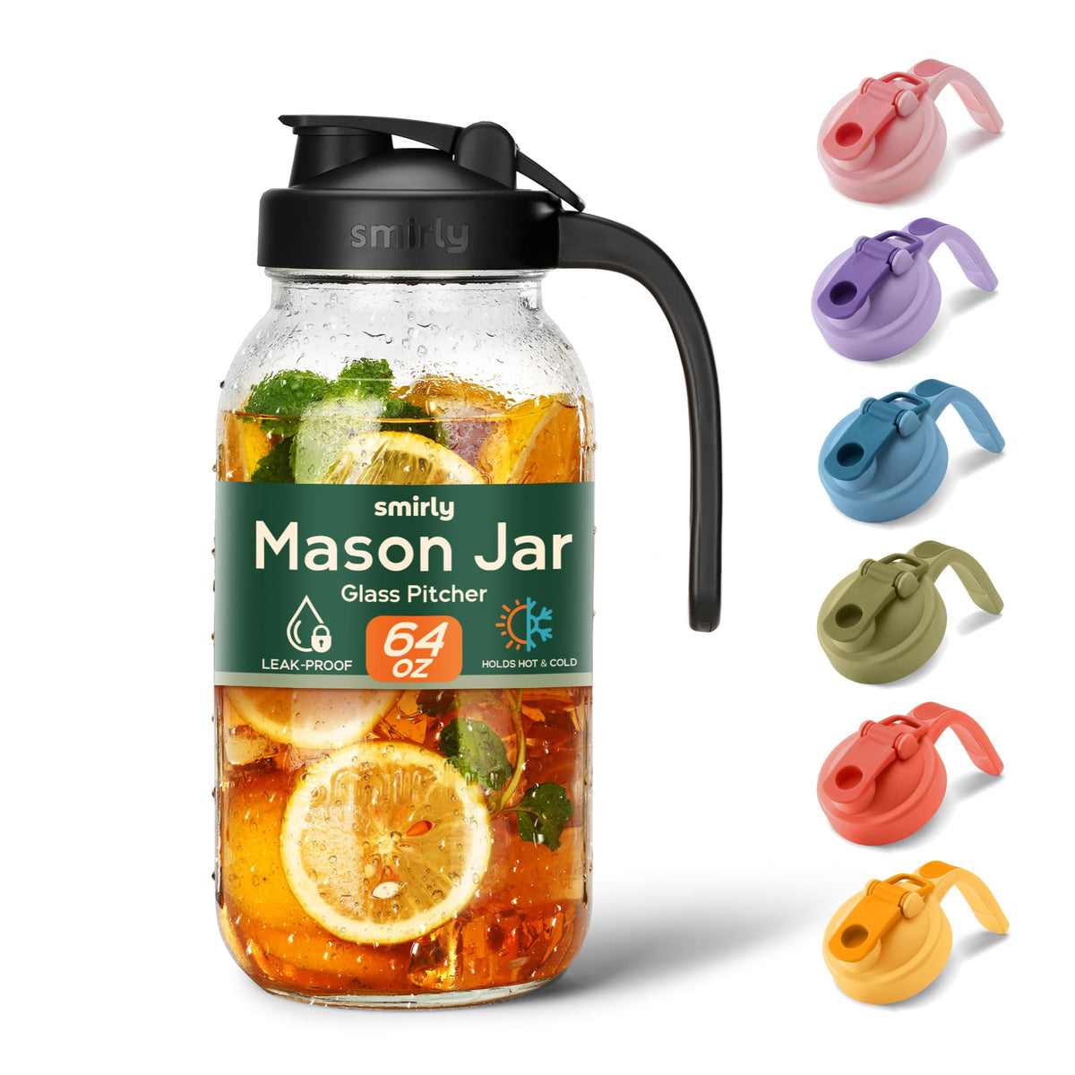 SMIRLY jarra mason 64 onzas con boca ancha y tapa para bebidas sin derrames