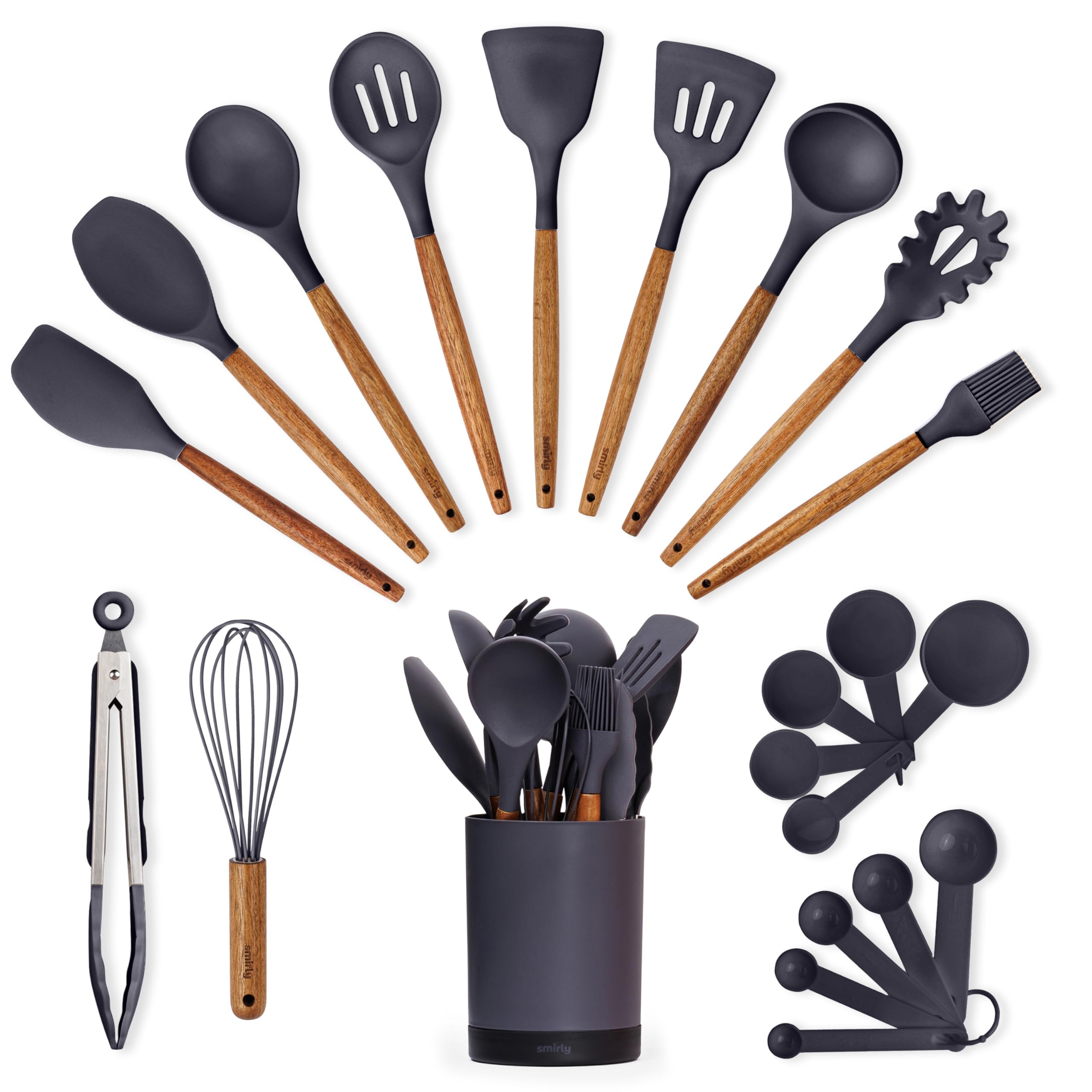 SMIRLY juego de utensilios de silicona gris con mango de acacia para cocinar