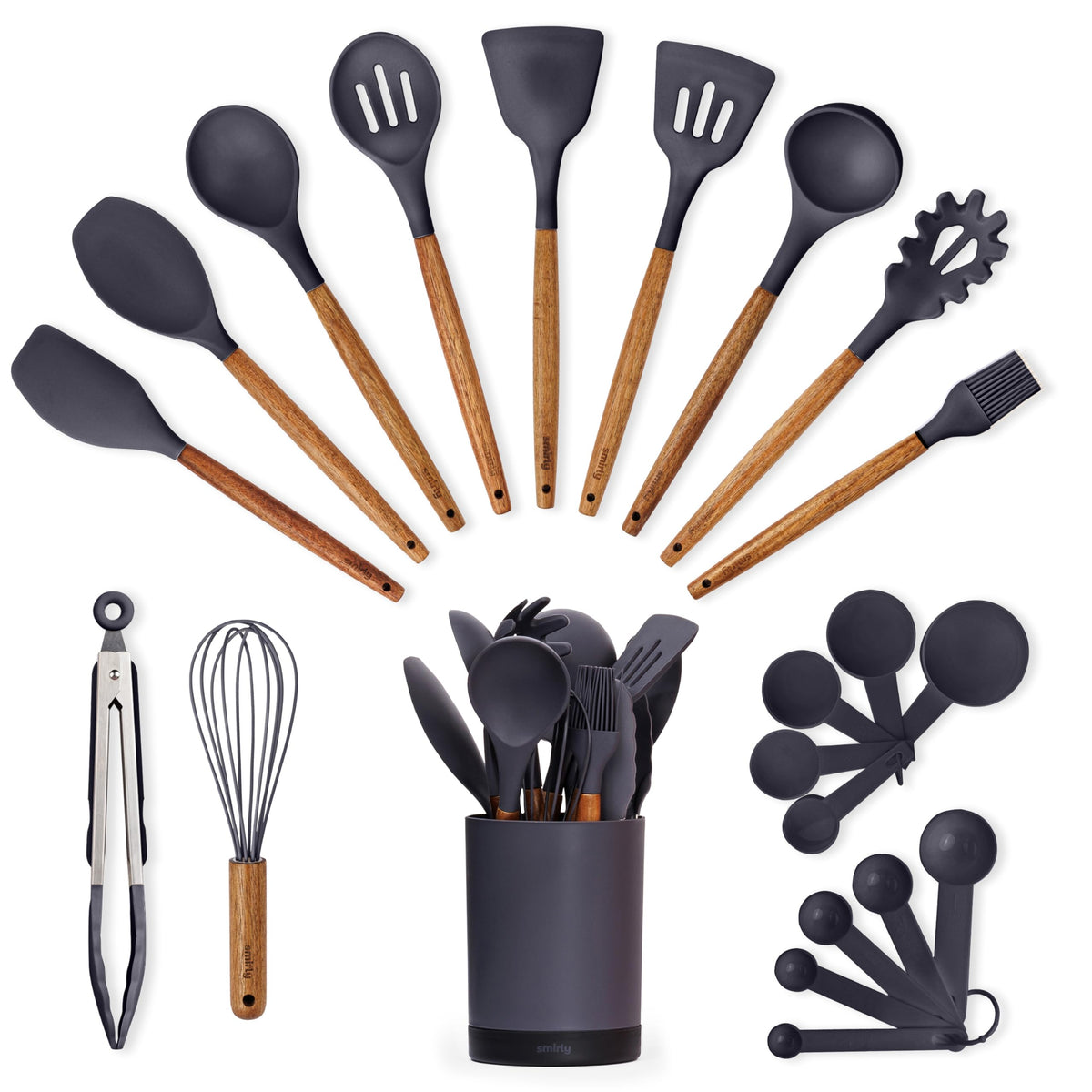 SMIRLY juego de utensilios de silicona gris con mango de acacia para cocinar