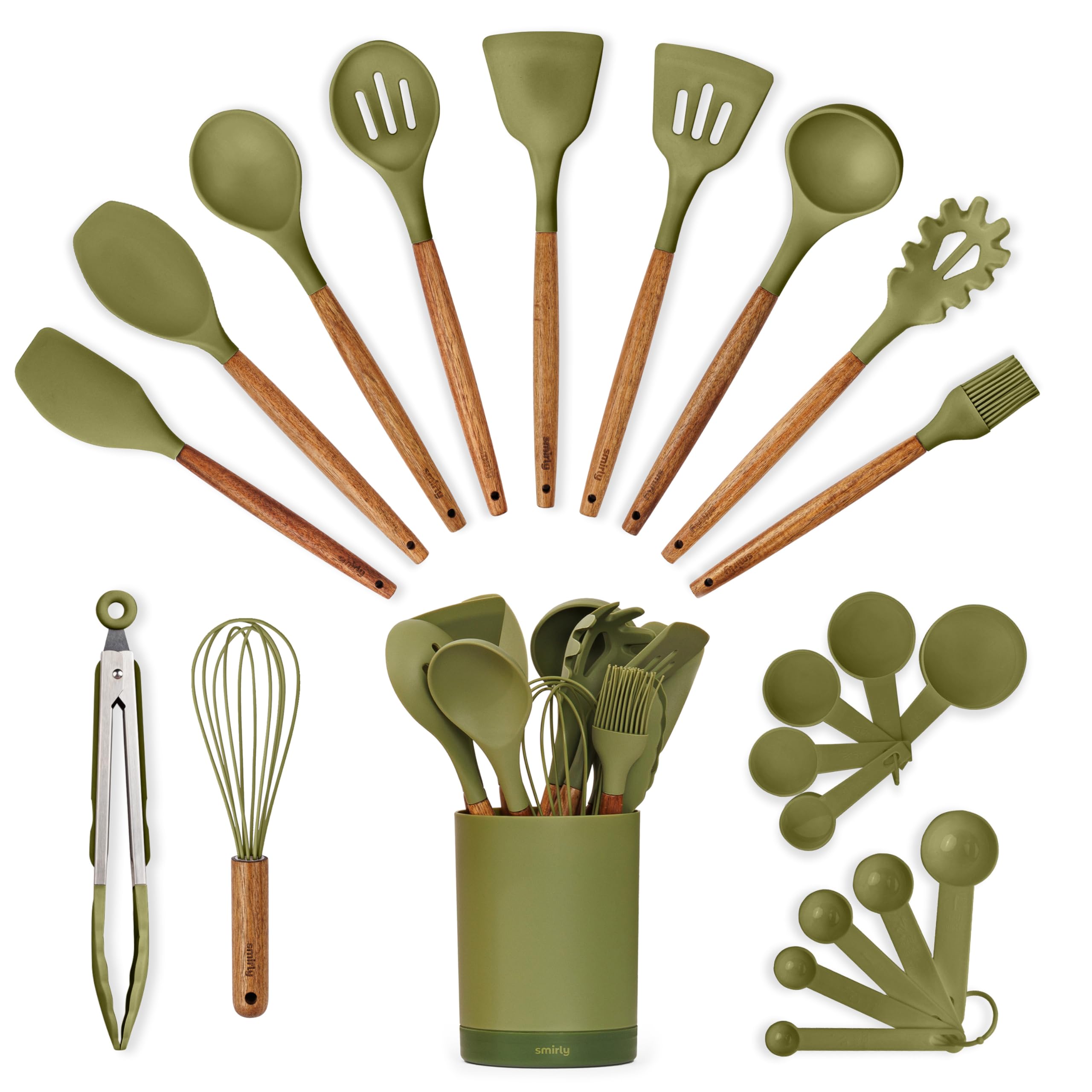 SMIRLY juego de utensilios de silicona verde con mangos de acacia para evitar rayar sartenes.