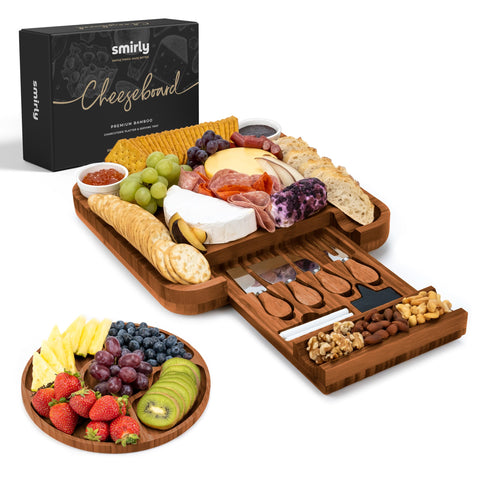 SMIRLY tabla quesos charcutería grande en bambú, ideal para exhibir aperitivos con estilo.