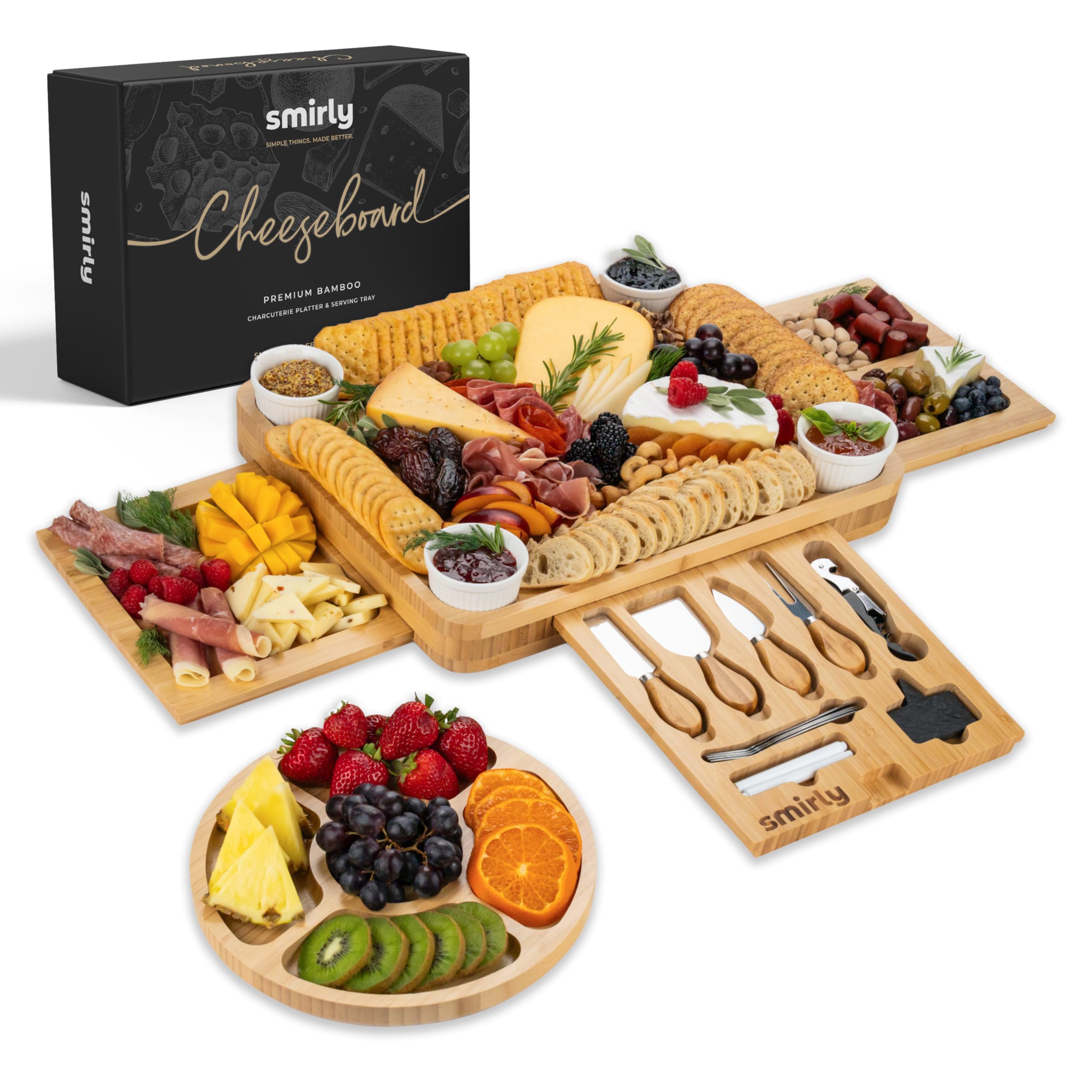 SMIRLY tabla de quesos grande con accesorios, ideal para reuniones y aperitivos.