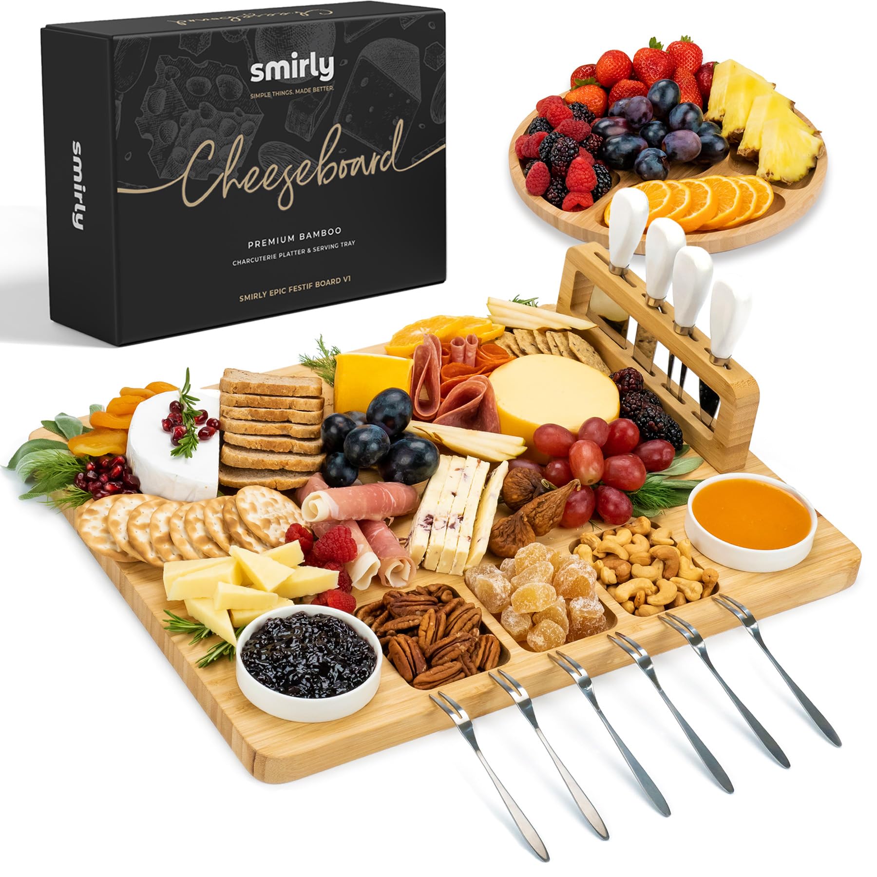 SMIRLY tablero charcutería grande en bambú para presentar quesos y embutidos con estilo.