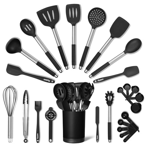 Smirly utensilios de silicona 26 piezas, ideal para cocinar sin rayar sartenes antiadherentes.