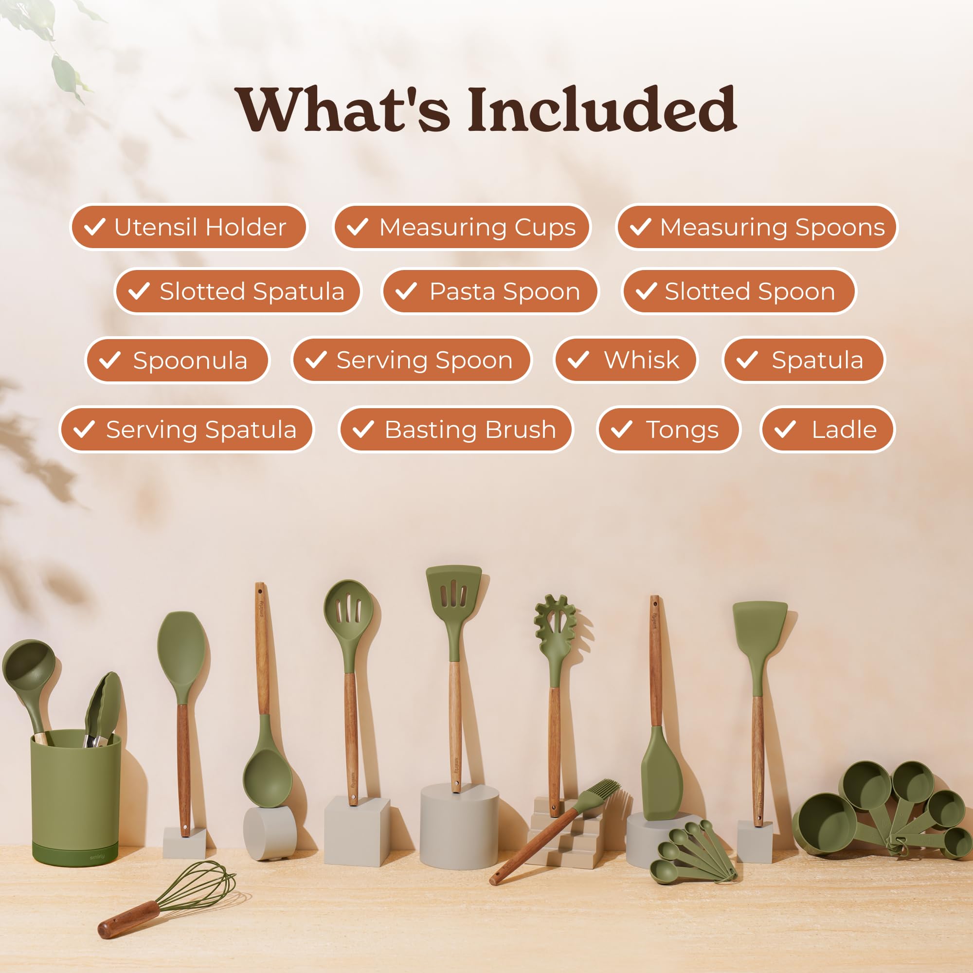 SMIRLY utensilios de silicona verde con mangos de madera, cómodo para uso diario.
