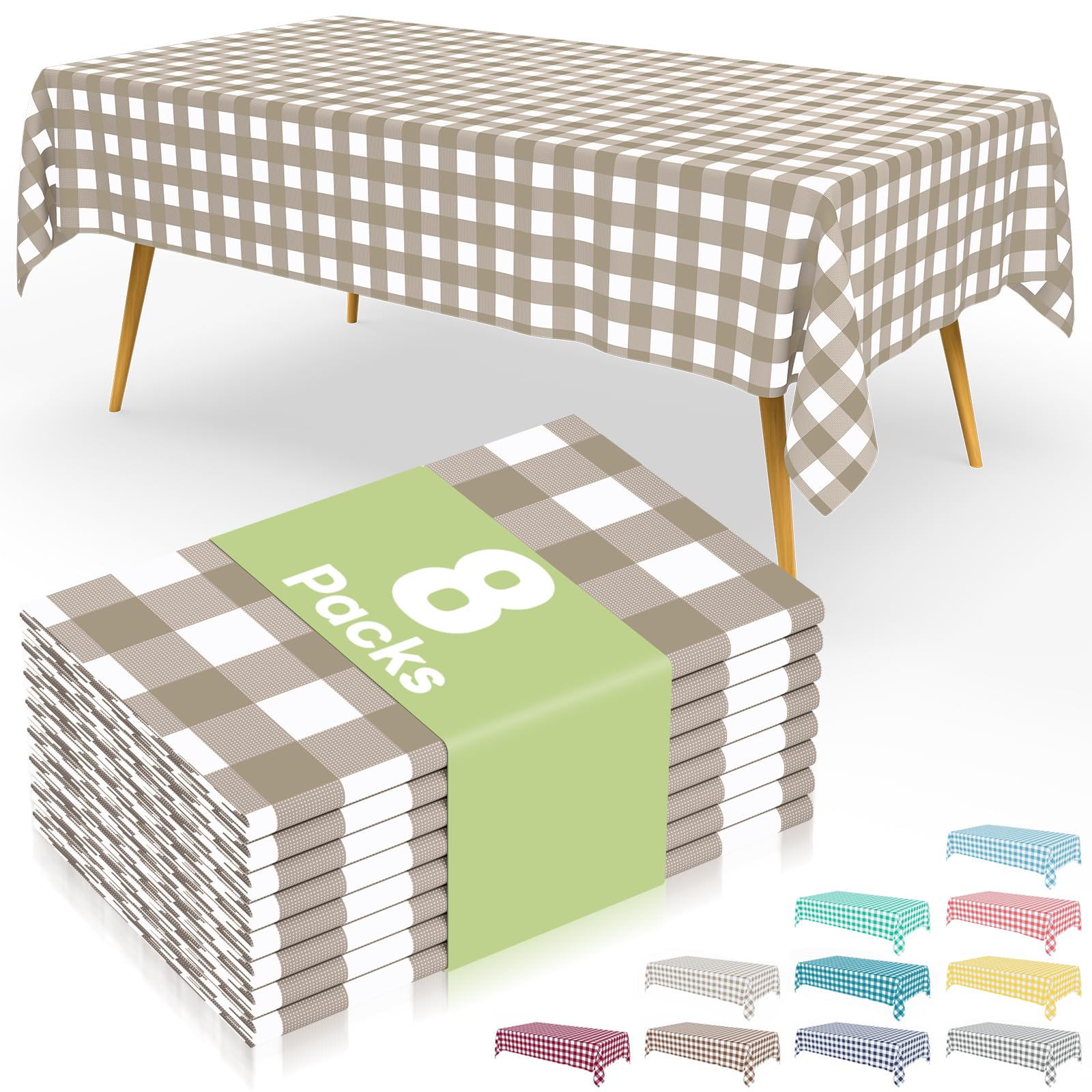 Smiry mantel desechable con patrón de cuadros khaki y blanco, ideal para fiestas al aire libre.