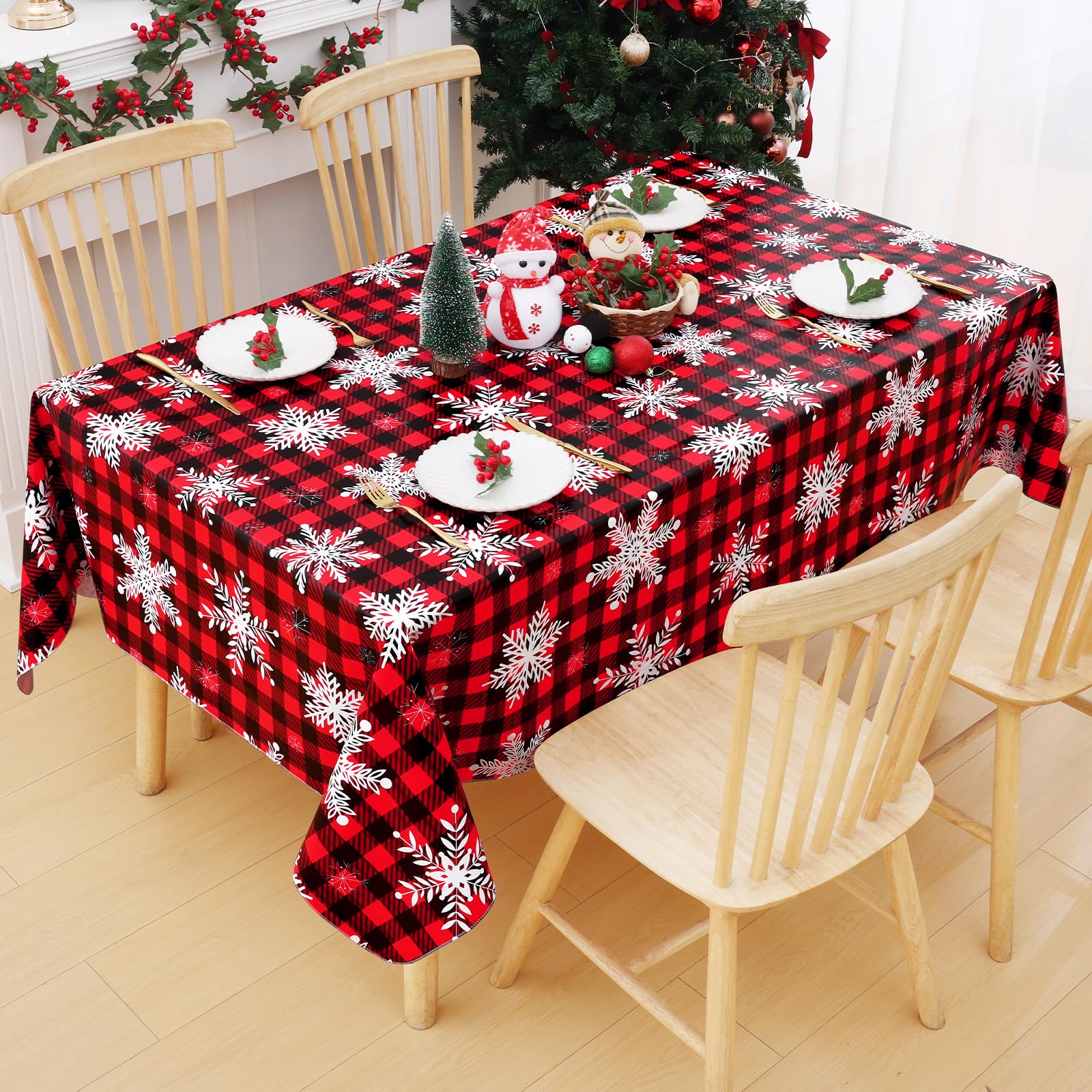 Mantel Smiry navidad rectangular con cuadros búfalo y copos de nieve, ideal para decorar.