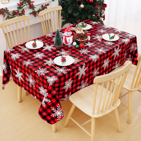 Mantel Smiry navidad rectangular con cuadros búfalo y copos de nieve, ideal para decorar.
