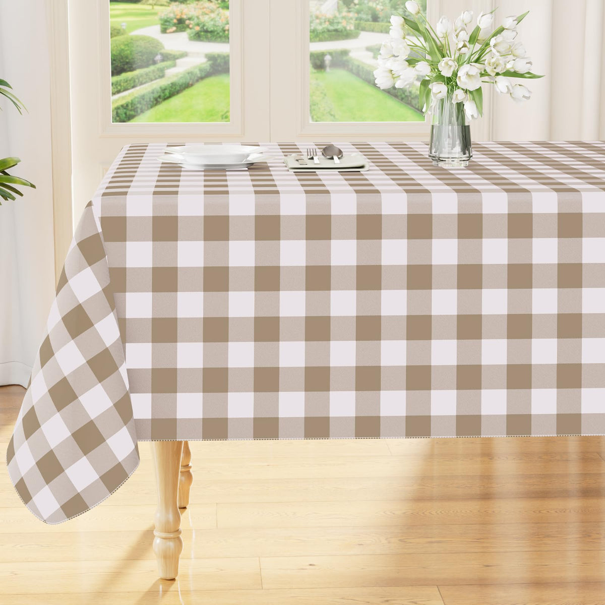 Mantel rectangular Smiry impermeable con diseño cuadro kaki blanco para uso diario