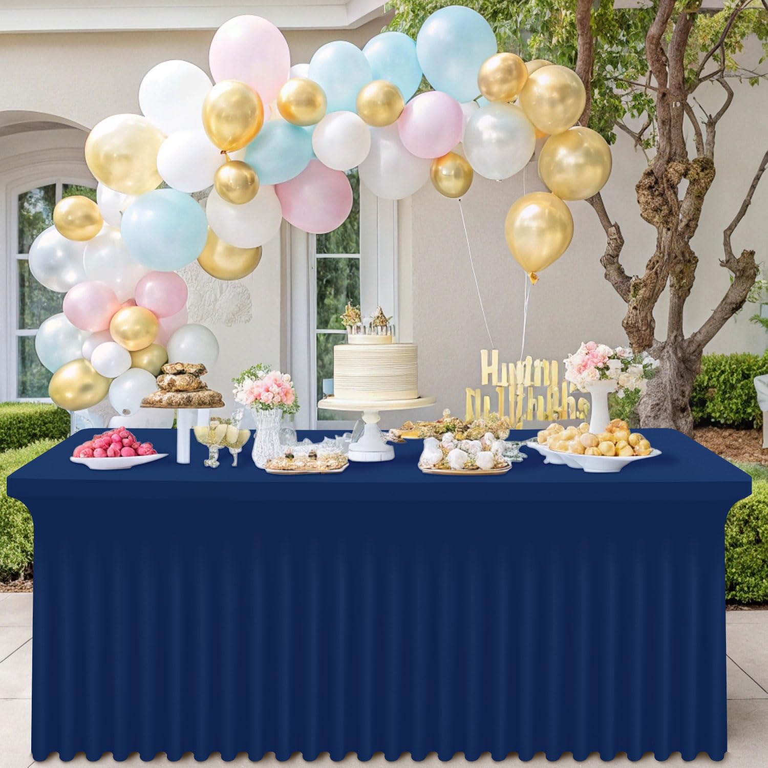 Uso versátil para interiores y exteriores, ideal para bodas y banquetes.
