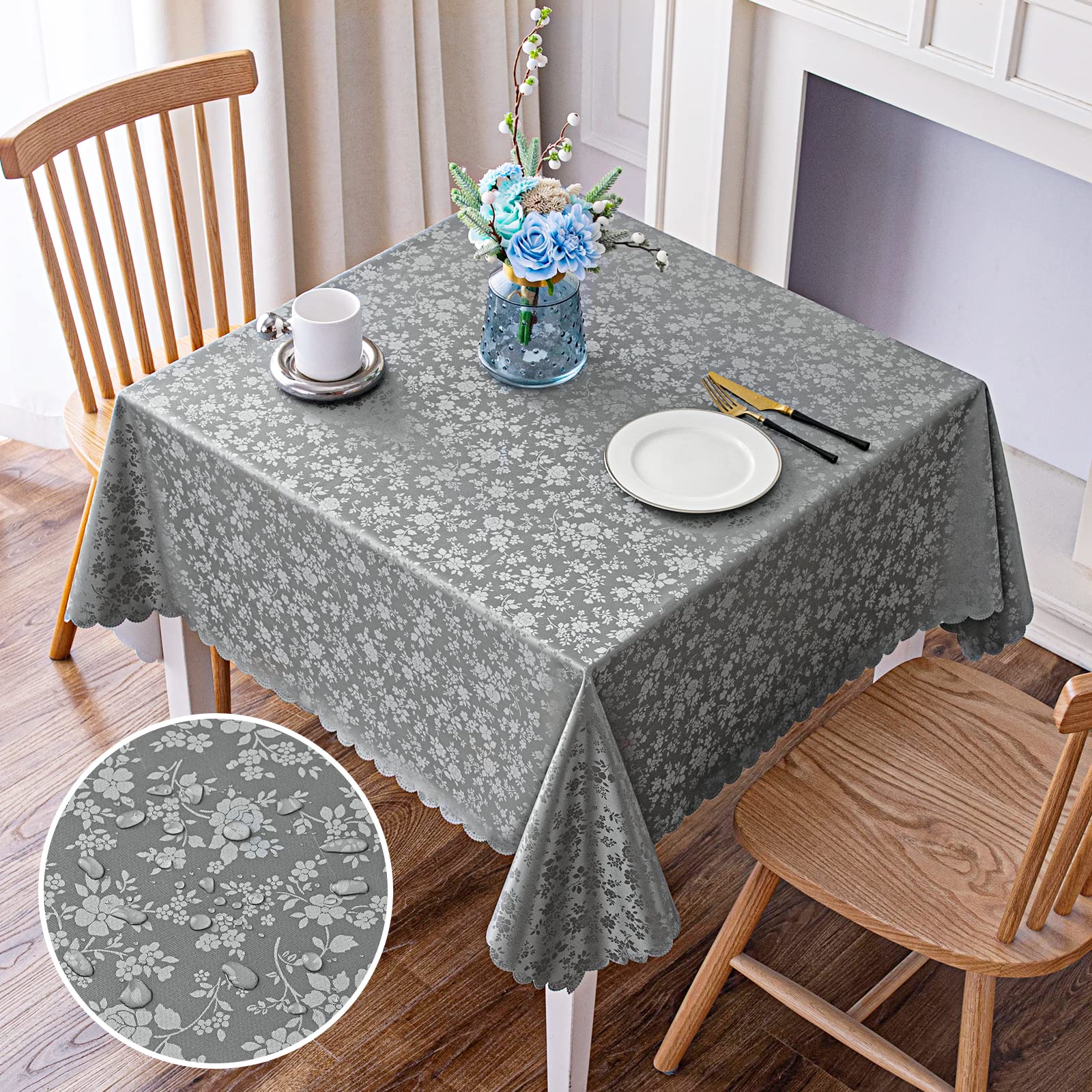 Mantel Smiry de vinilo cuadrado con bordes concha, ideal para cenas.