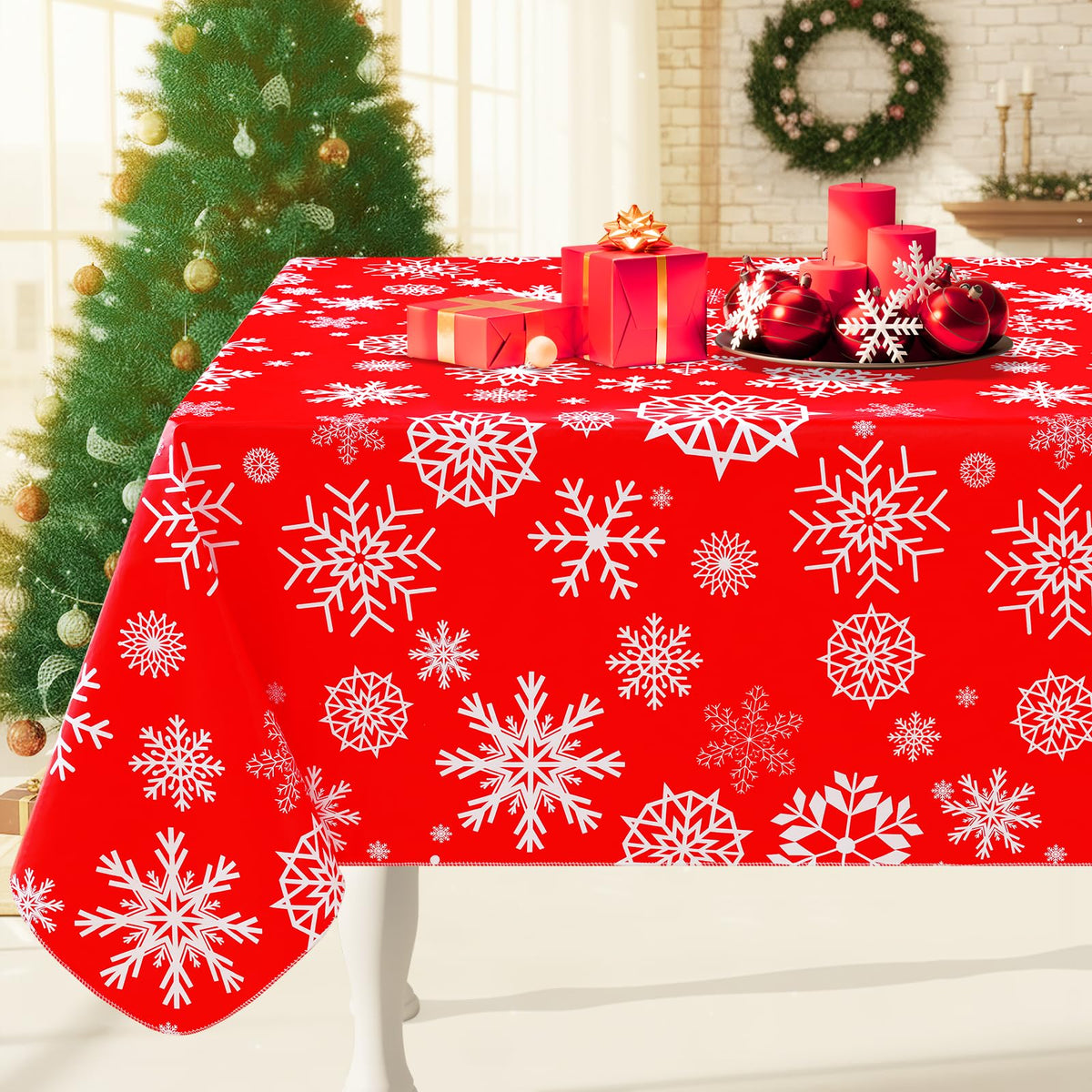 Smiry mantel rectangular navidad, frente con copos de nieve para mesa festiva