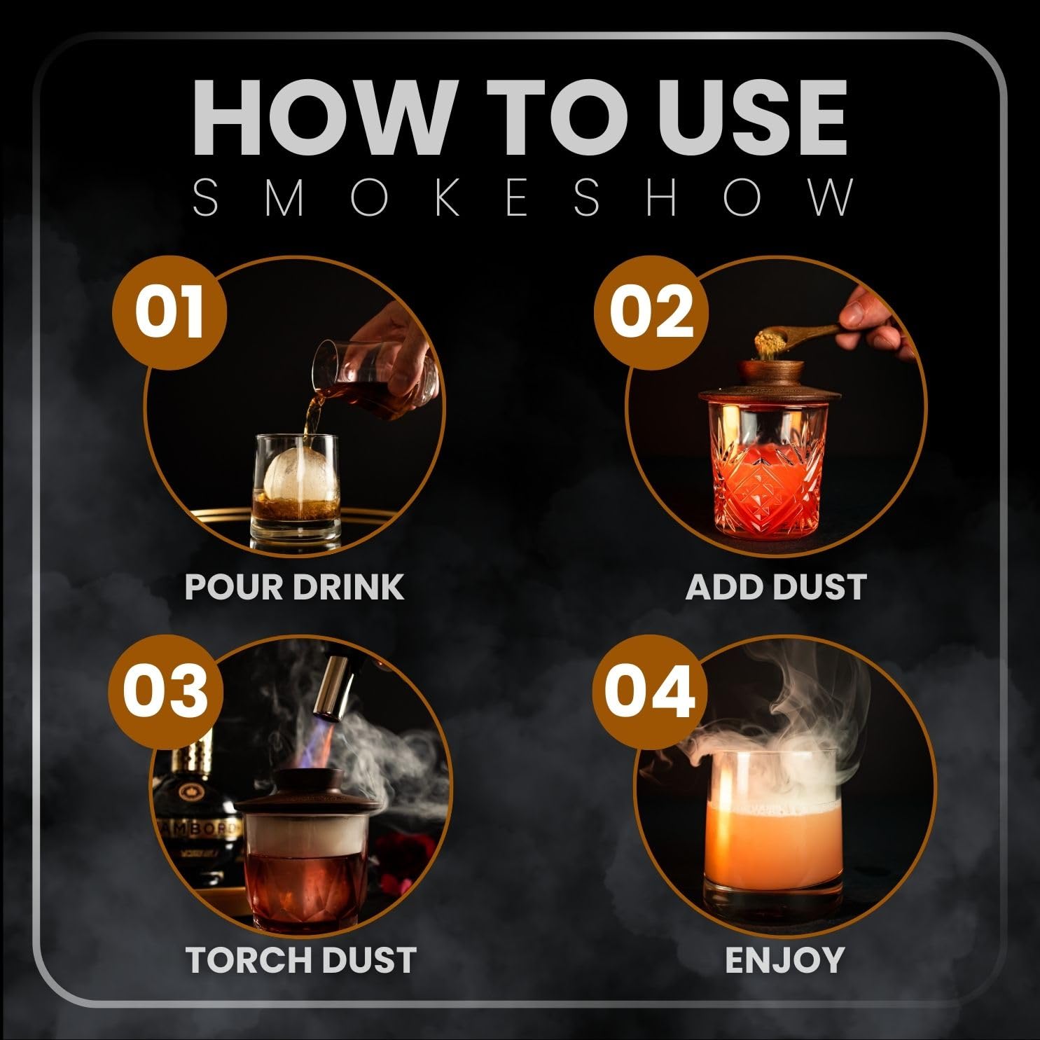 Smokeshow Cocktail Smoker con virutas de hickory para notas ahumadas intensas.