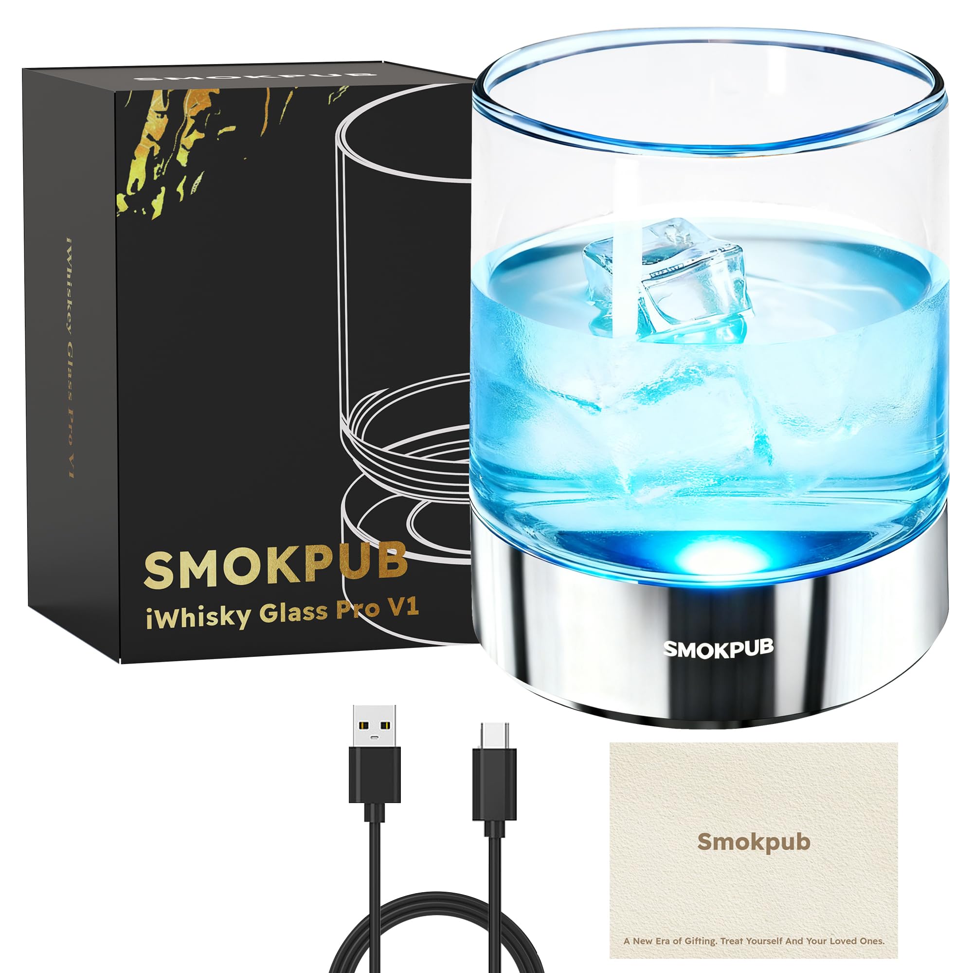 Vaso smokpub whisky con luz led que ilumina la bebida para una presentación destacada