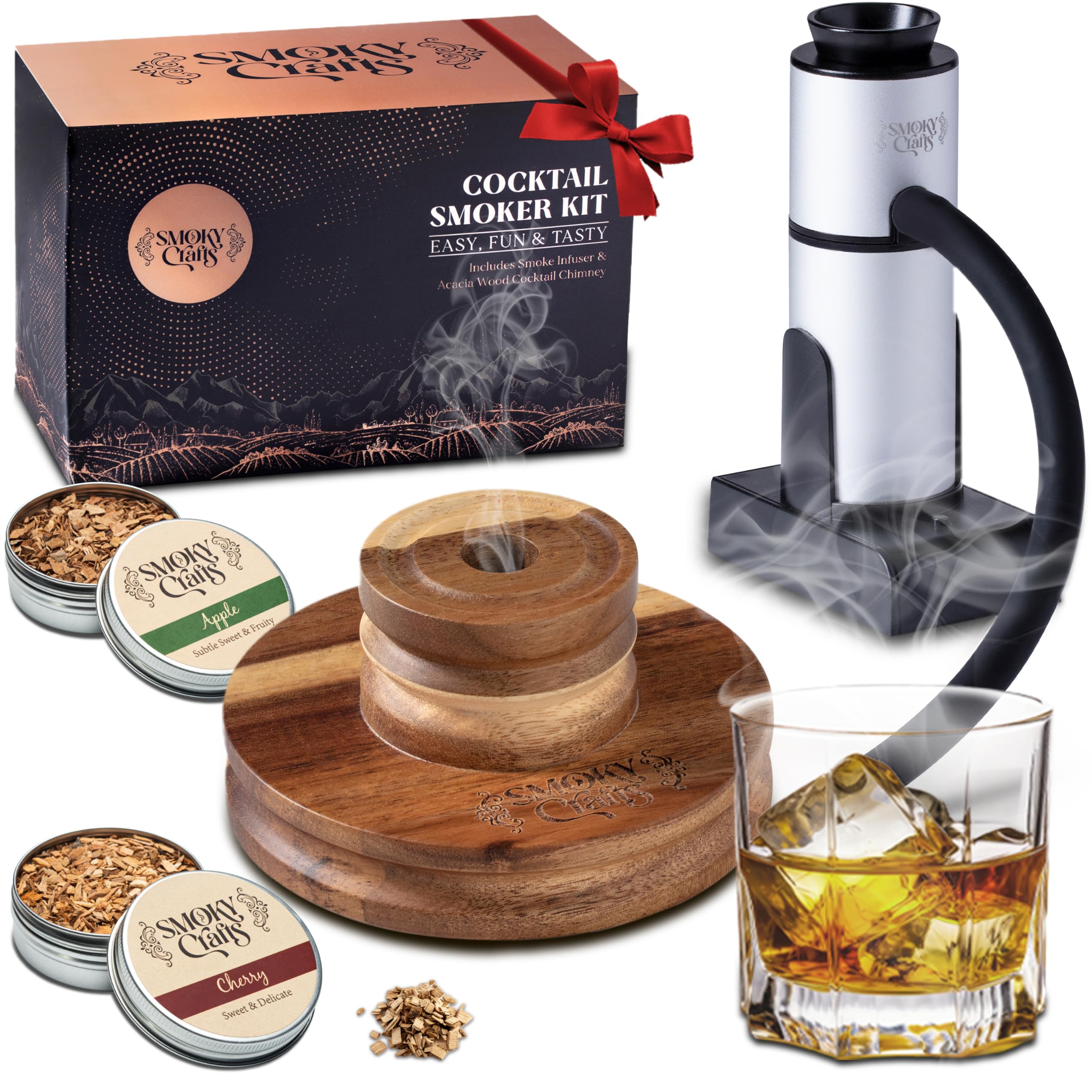 Smoky Crafts kit fumador whisky acacia frente, listo para preparar cócteles ahumados.