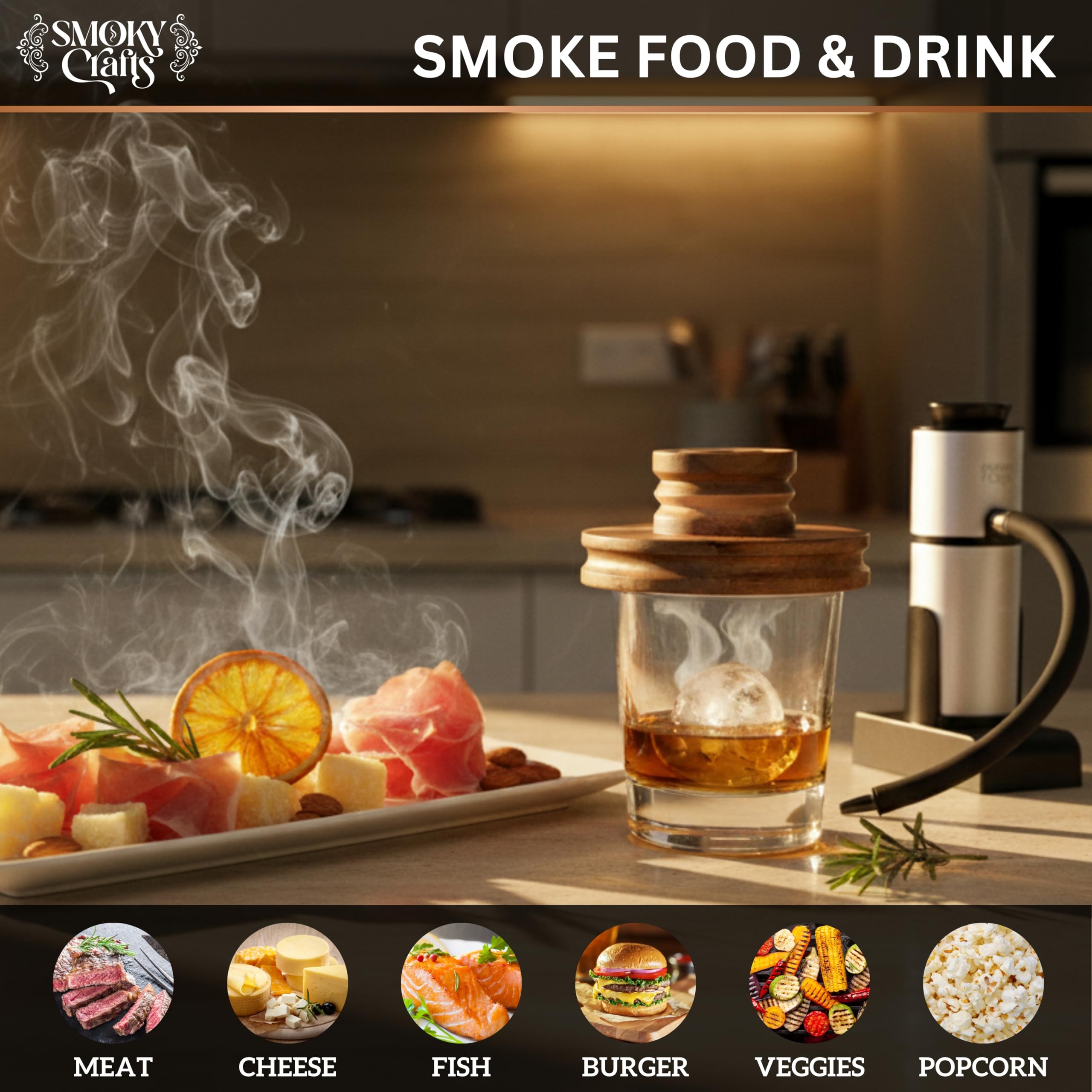 Smoky Crafts tapa de acacia para cócteles, toque elegante y sabor suave.