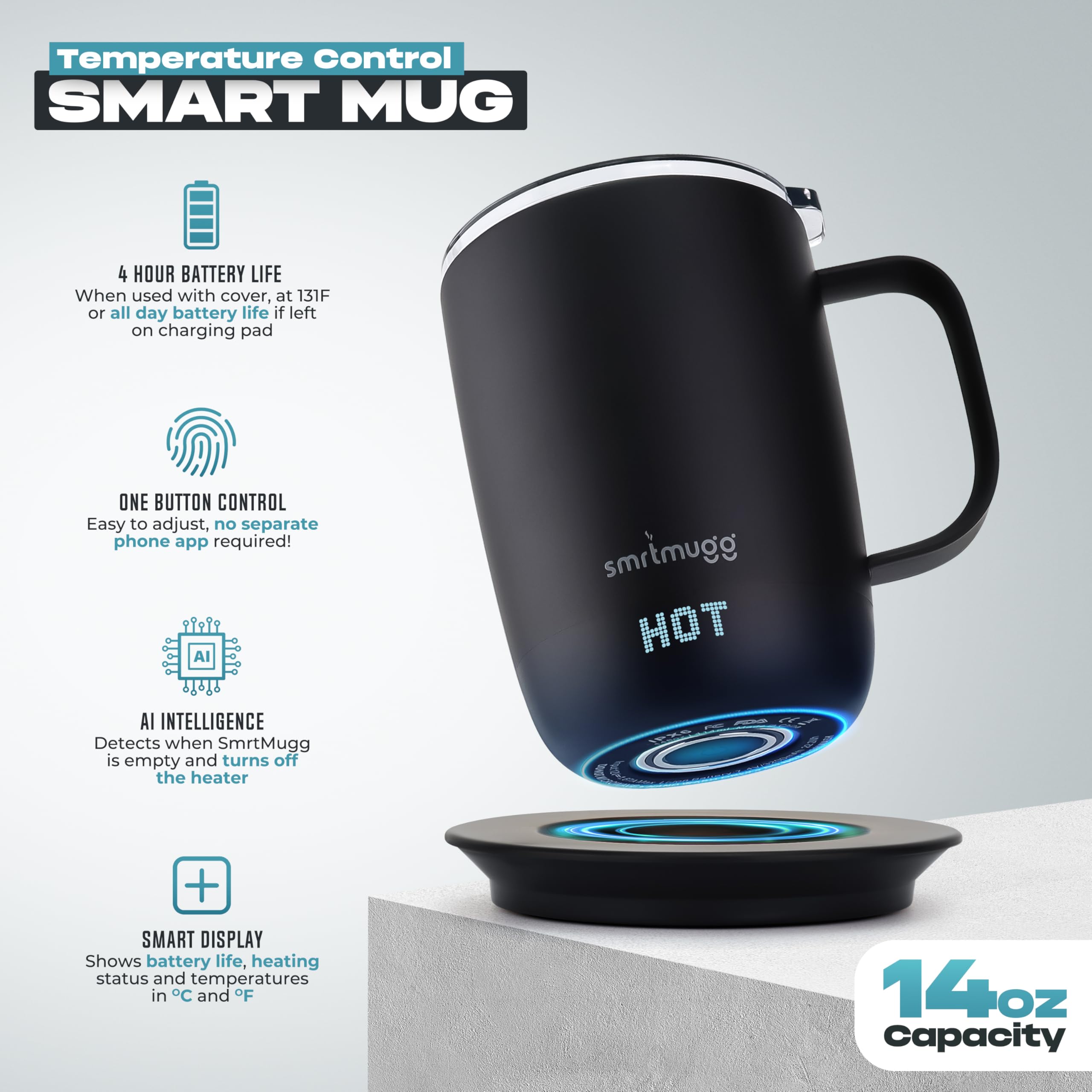 SmrtMugg Pro capacidad 14 oz para disfrutar de mayor café o té sin recargas.