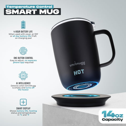 SmrtMugg Pro capacidad 14 oz para disfrutar de mayor café o té sin recargas.