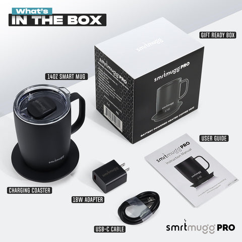 SmrtMugg Pro pantalla LCD muestra temperatura y estado de carga en tiempo real.