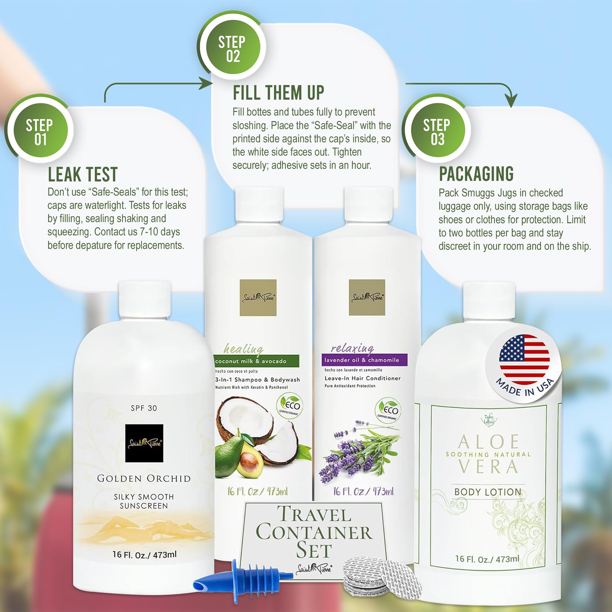 Smuggs Jugs usos versátiles para champú y cosméticos en cruceros