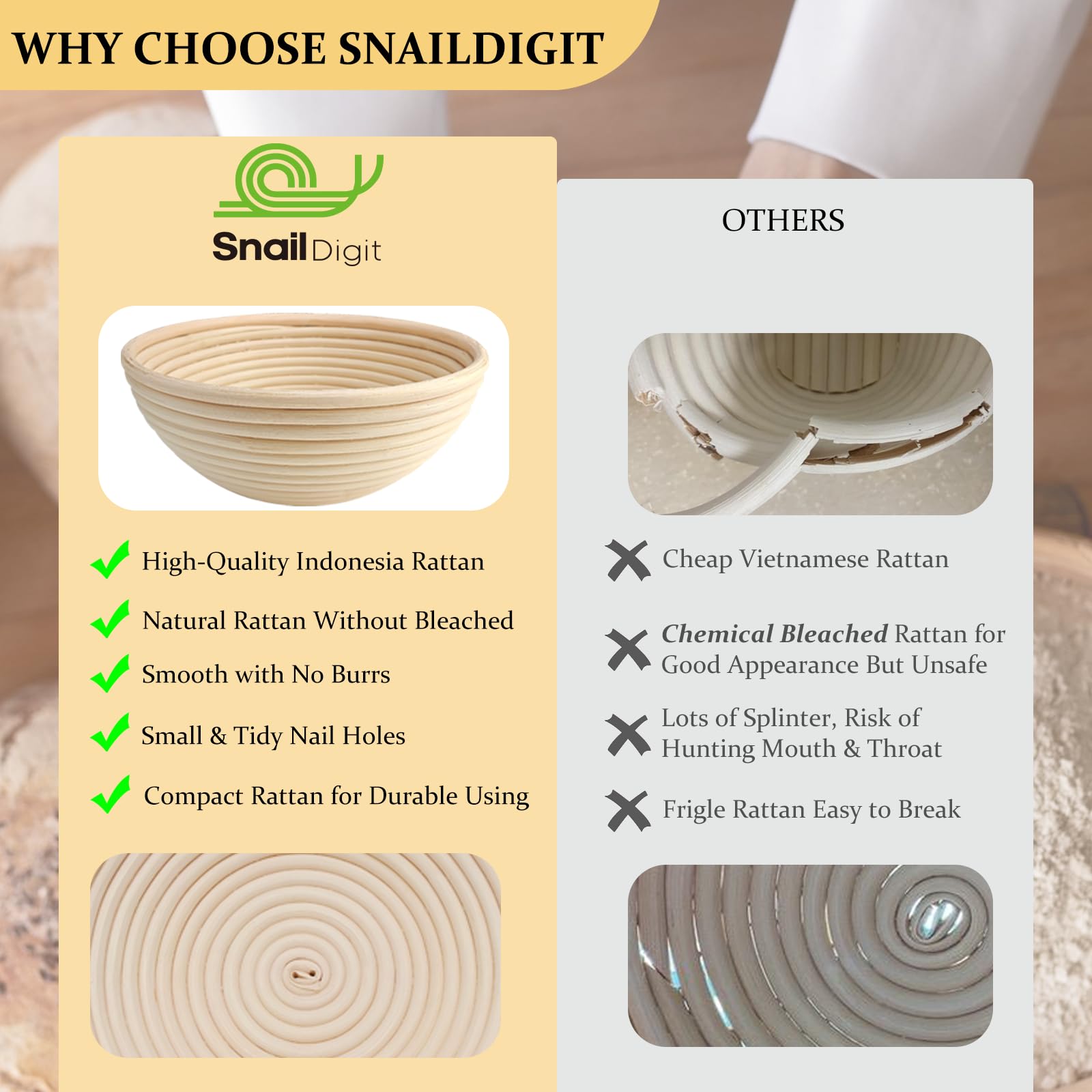 SnailDigit Banneton: rattán natural indonesio para mejor flujo de aire y fermentación uniforme.