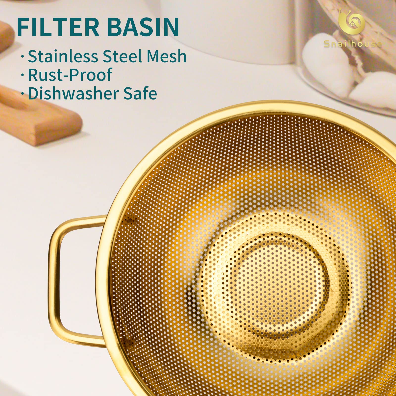 Snailhouse colador 3 Qt dorado con asa ergonómica para cocina diaria.