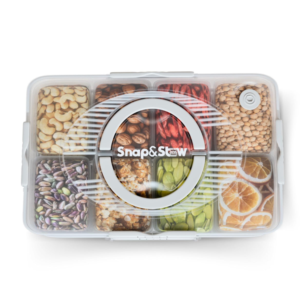 Snap-stw caja snackle dividida con tapa, ideal para snacks organizados en casa o viaje