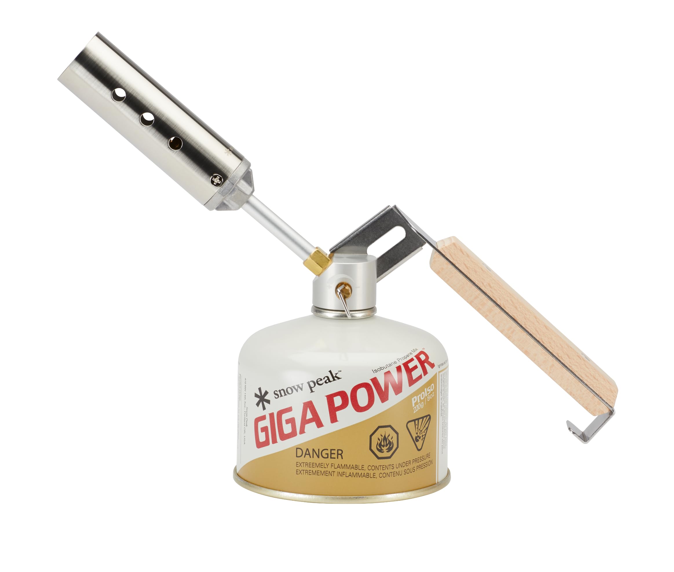 Snow Peak GigaPower encendedor plegable con mango de madera para fuego rápido al aire libre.