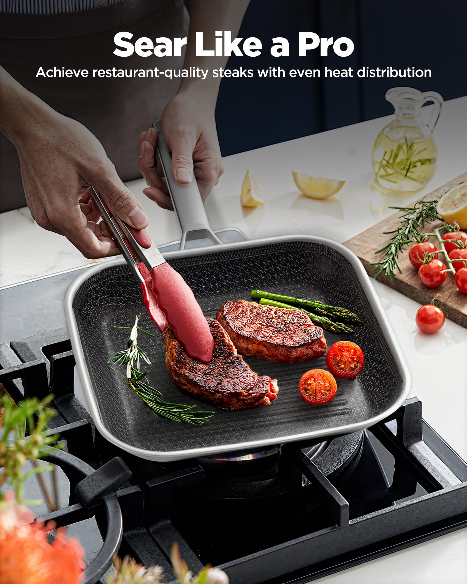SNOWCLAD sartén parrilla con calor uniforme para sellar carnes y vegetales.