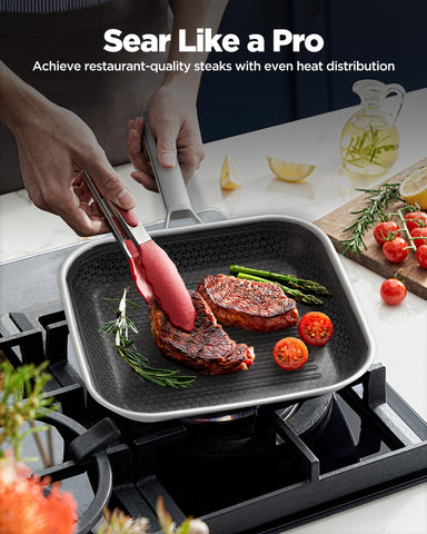SNOWCLAD sartén parrilla con calor uniforme para sellar carnes y vegetales.
