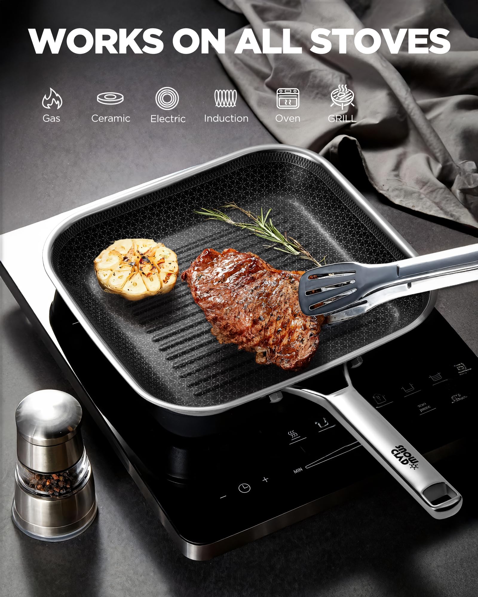 SNOWCLAD sartén parrilla ideal para cocción interior sin humo ni desorden.