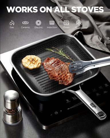 SNOWCLAD sartén parrilla ideal para cocción interior sin humo ni desorden.