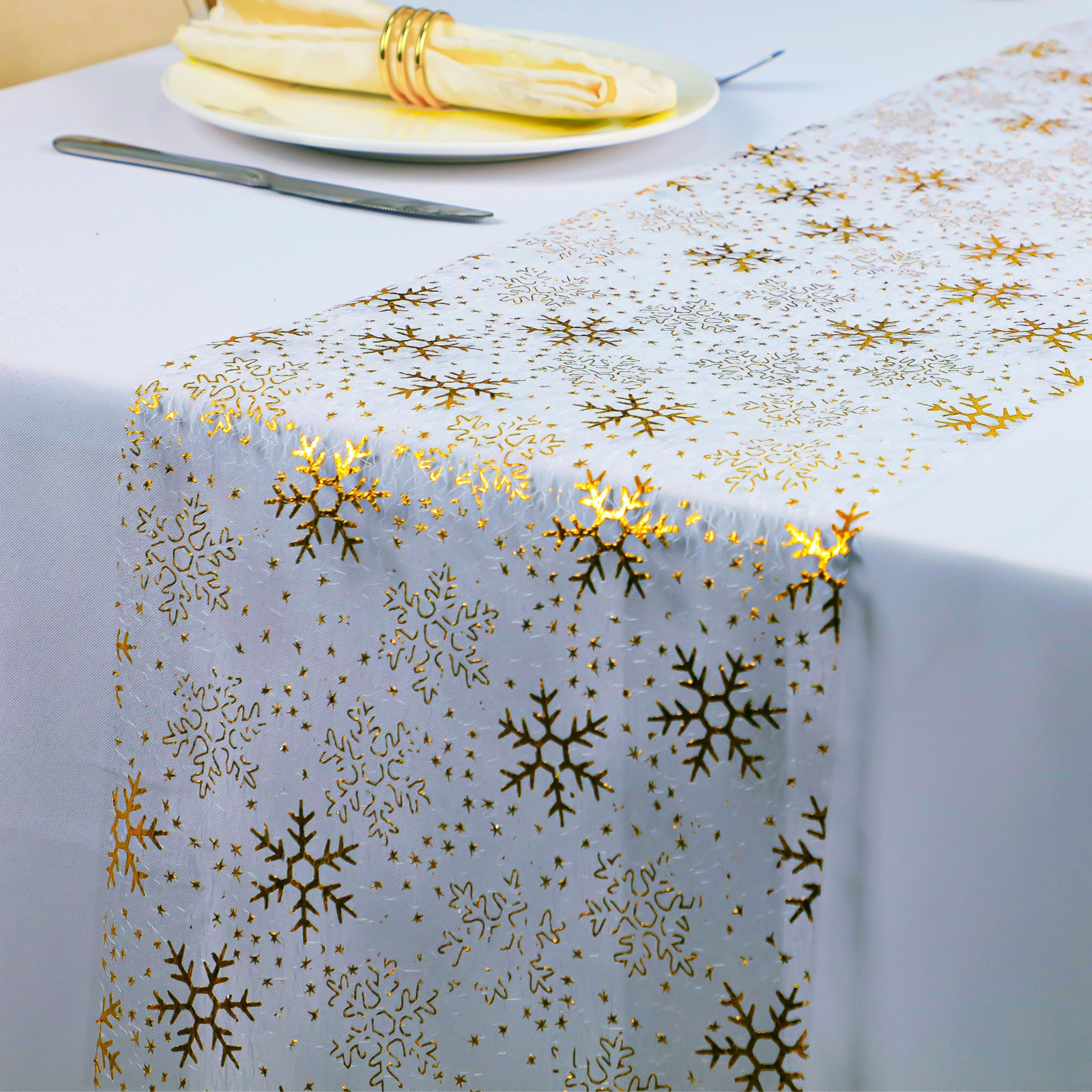 Snowkingdom: corredor de mesa con copos de nieve dorados para Navidad