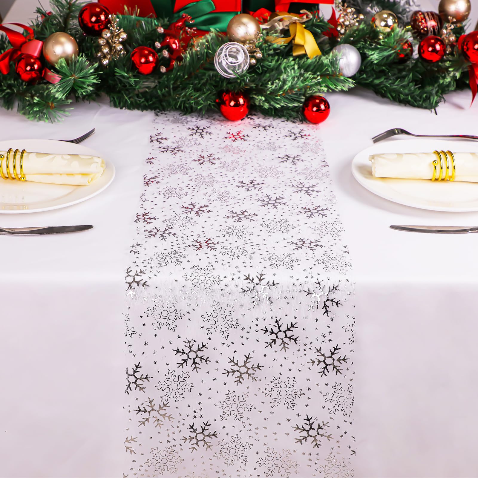 Snowkingdom detalle malla plateada añade brillo sutil a la mesa