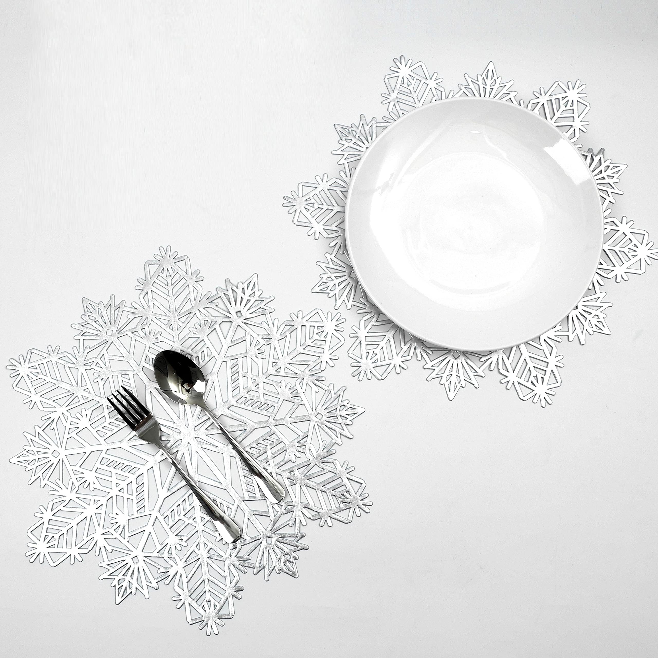 Manteles Snowkingdom en forma de copo de nieve, set de 6 plateados para la mesa navideña, protege la superficie.