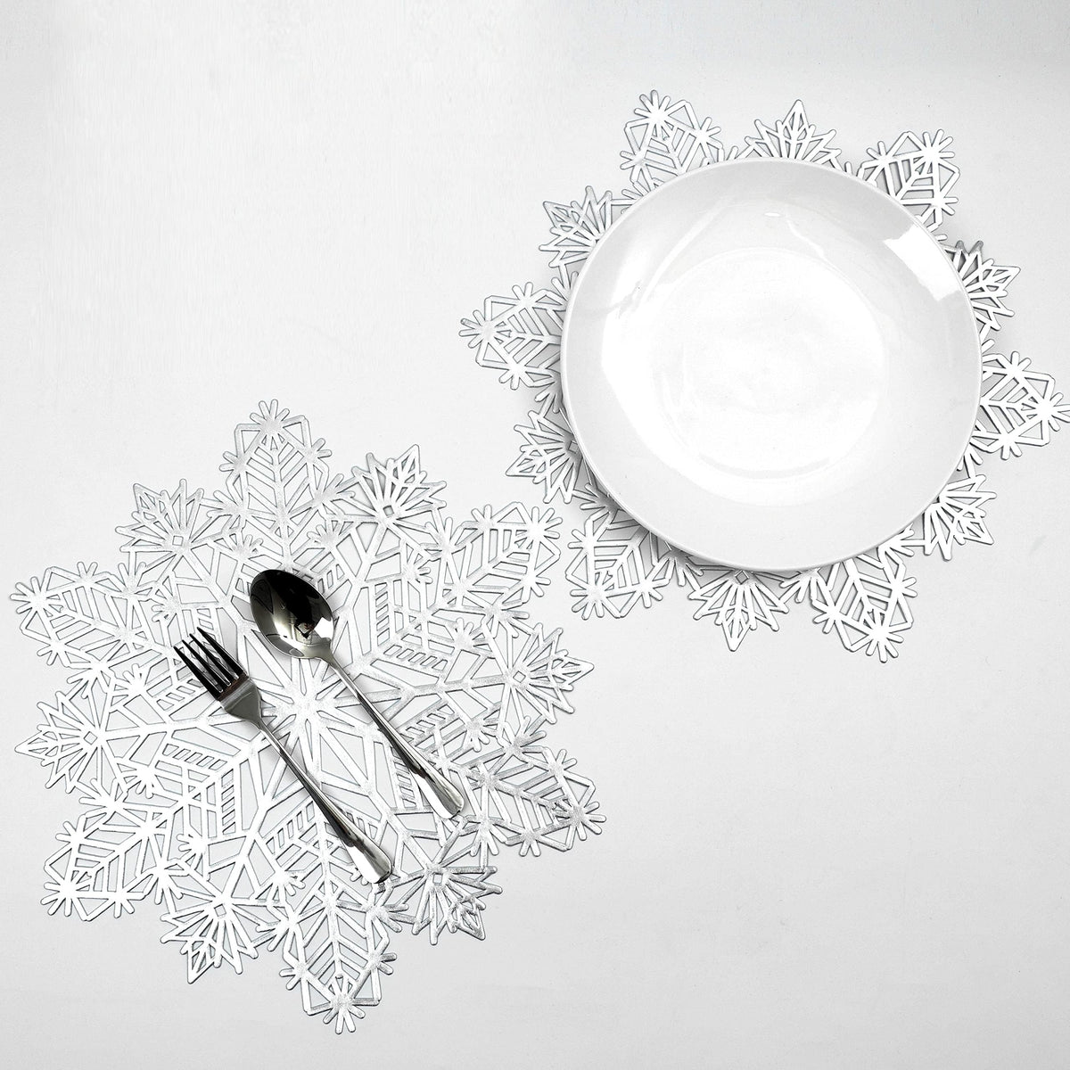 Manteles Snowkingdom en forma de copo de nieve, set de 6 plateados para la mesa navideña, protege la superficie.